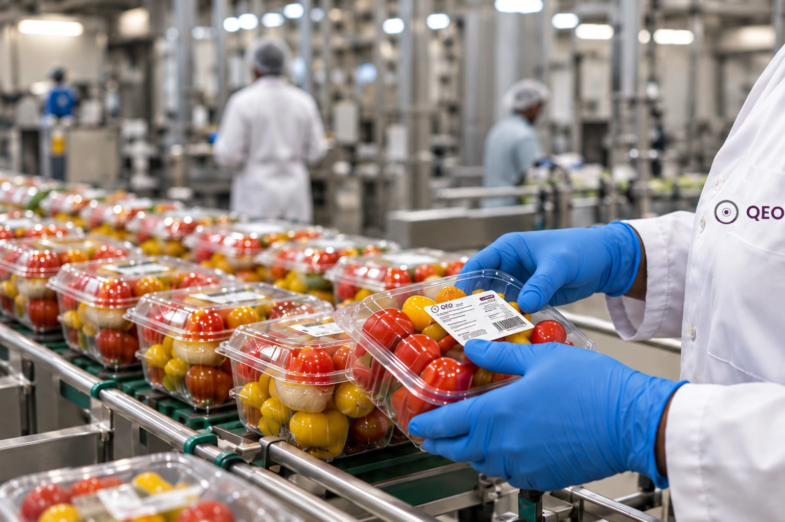 Des mains gantées contrôlent une barquette de légumes sur la chaîne de conditionnement.