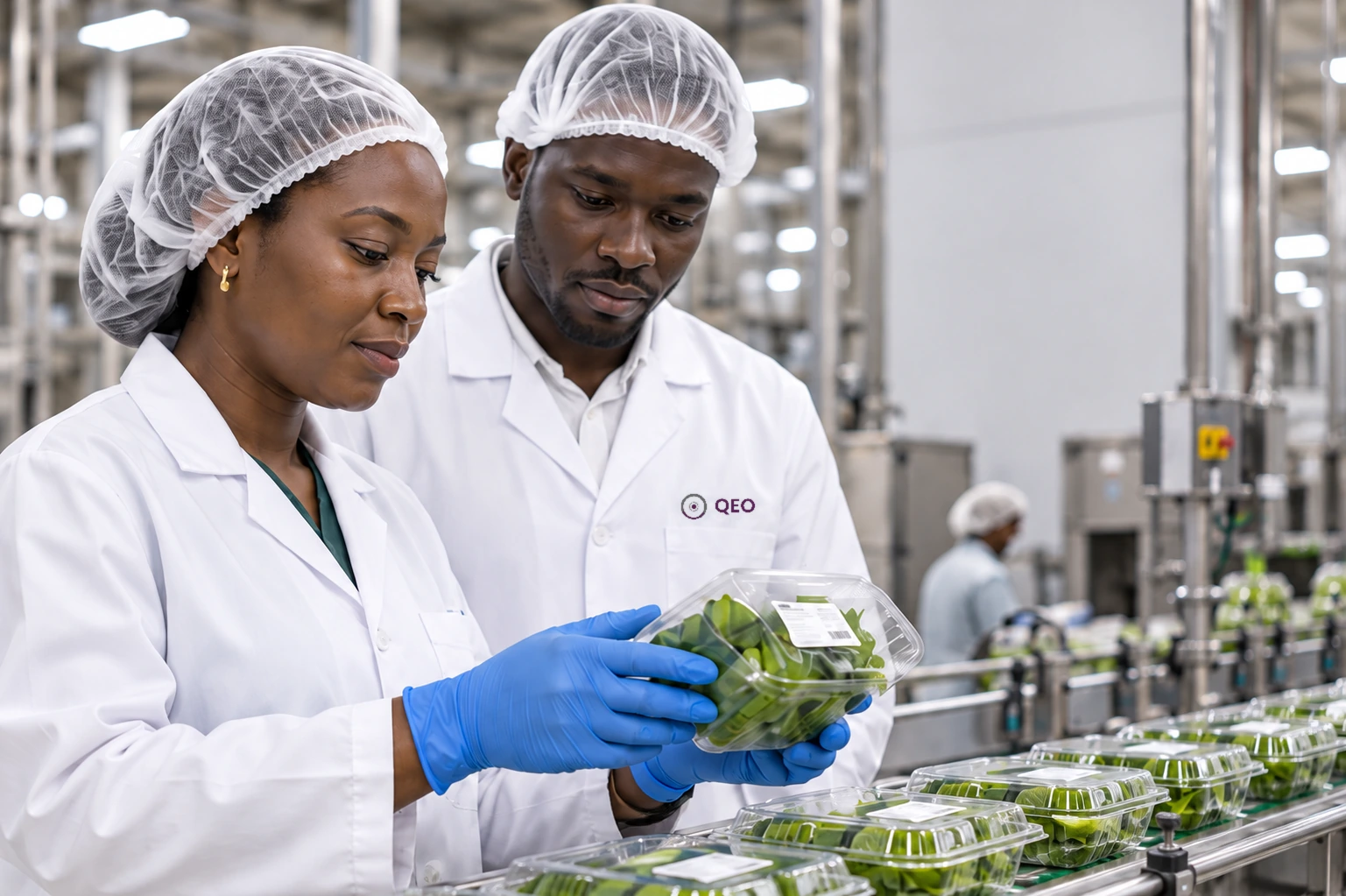 Deux professionnels contrôlent un produit conditionné dans une unité agro-industrielle.