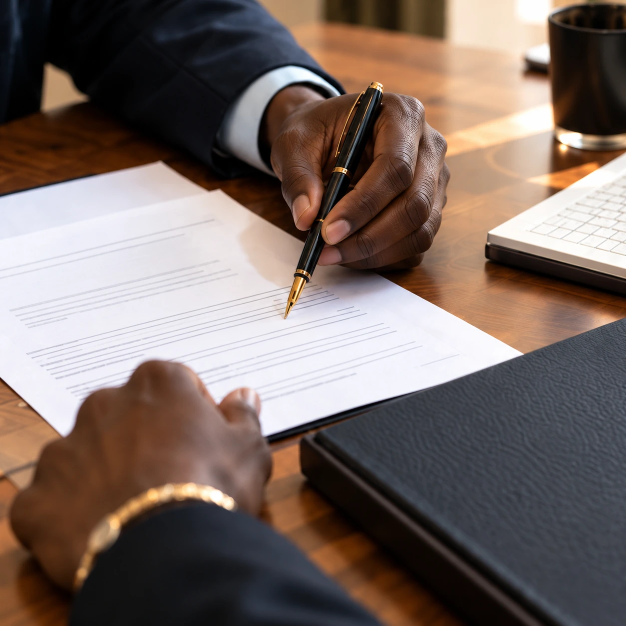 Un professionnel vérifie et annote un document.