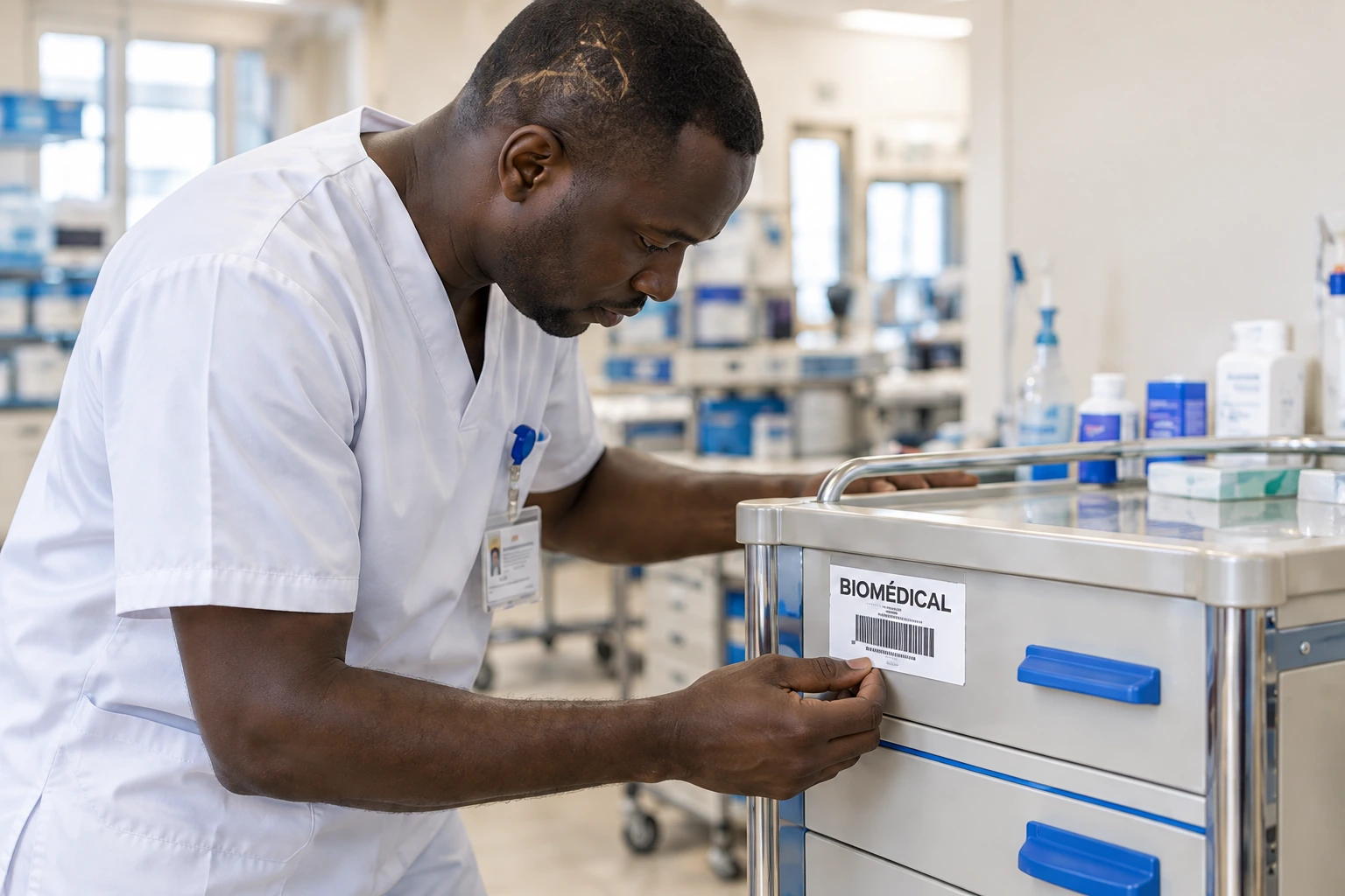 Un technicien biomédical contrôle un équipement de soin.