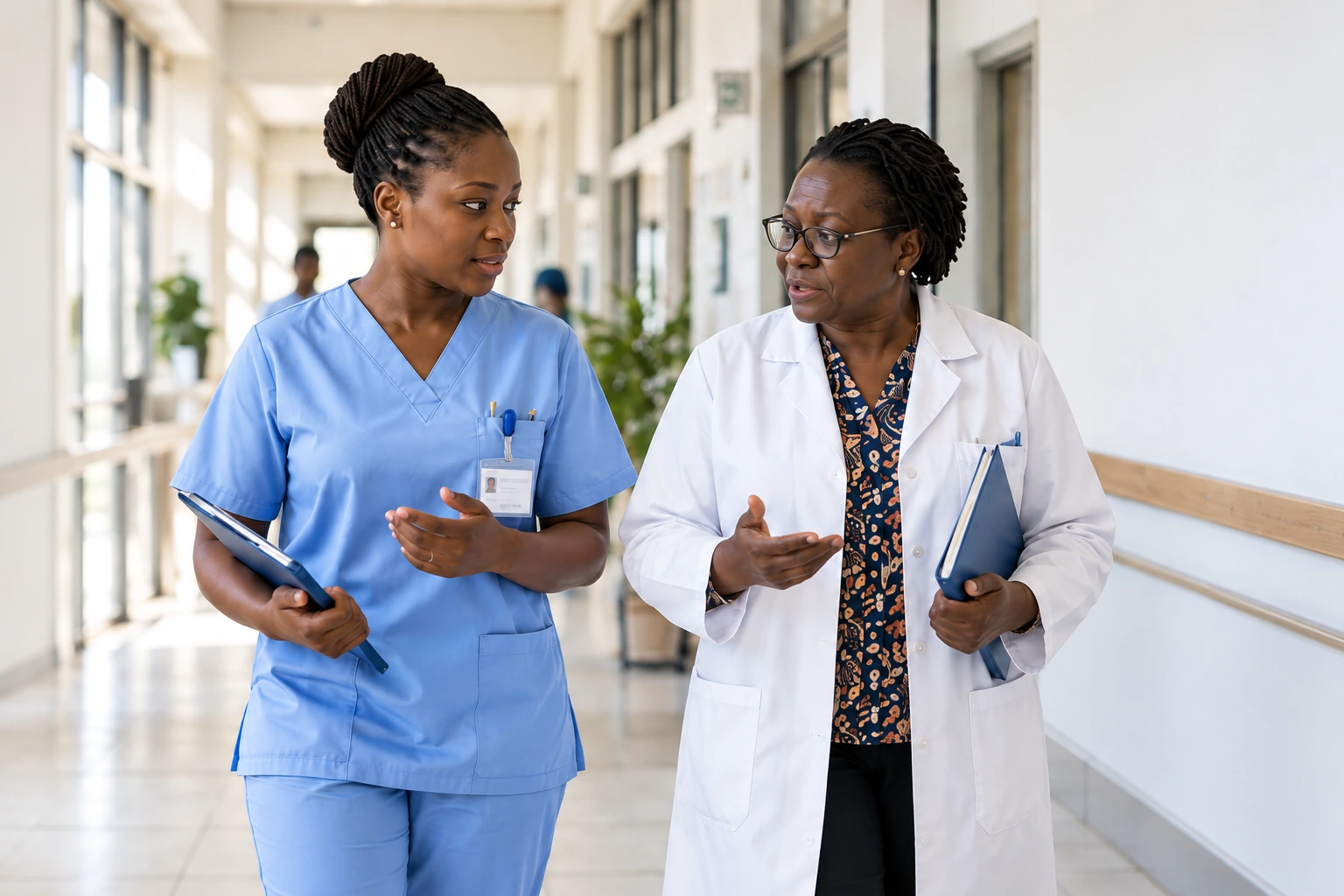 Une soignante et une responsable qualité échangent dans un établissement de santé.
