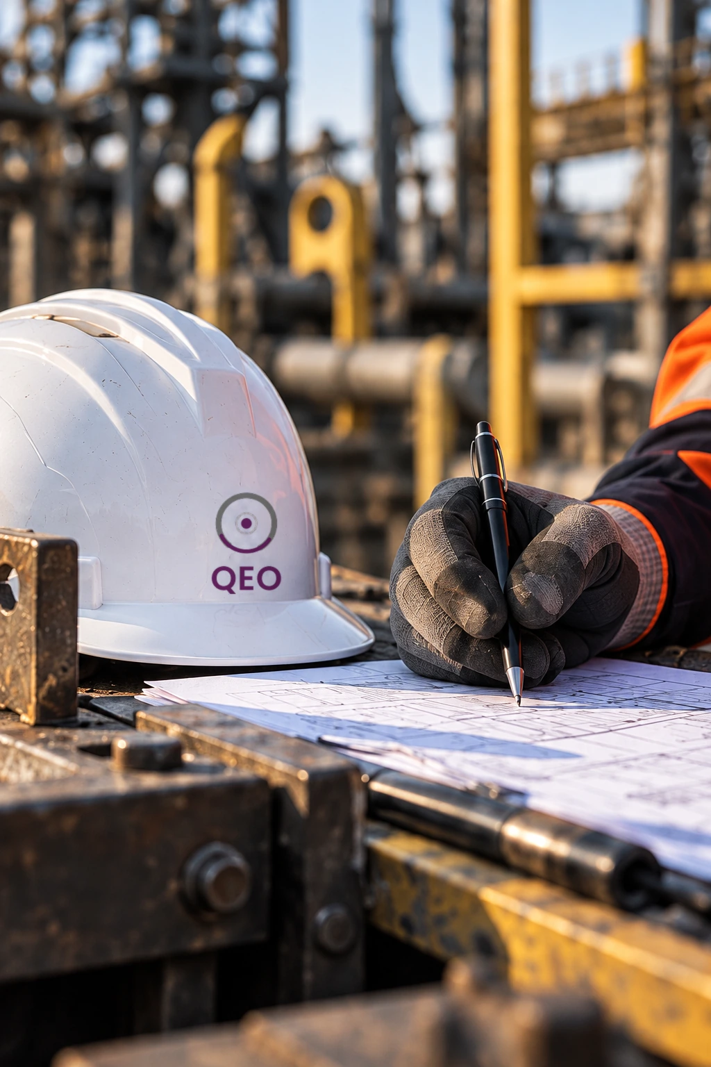 Des mains gantées consignent les contrôles sur un document, près d’un casque.