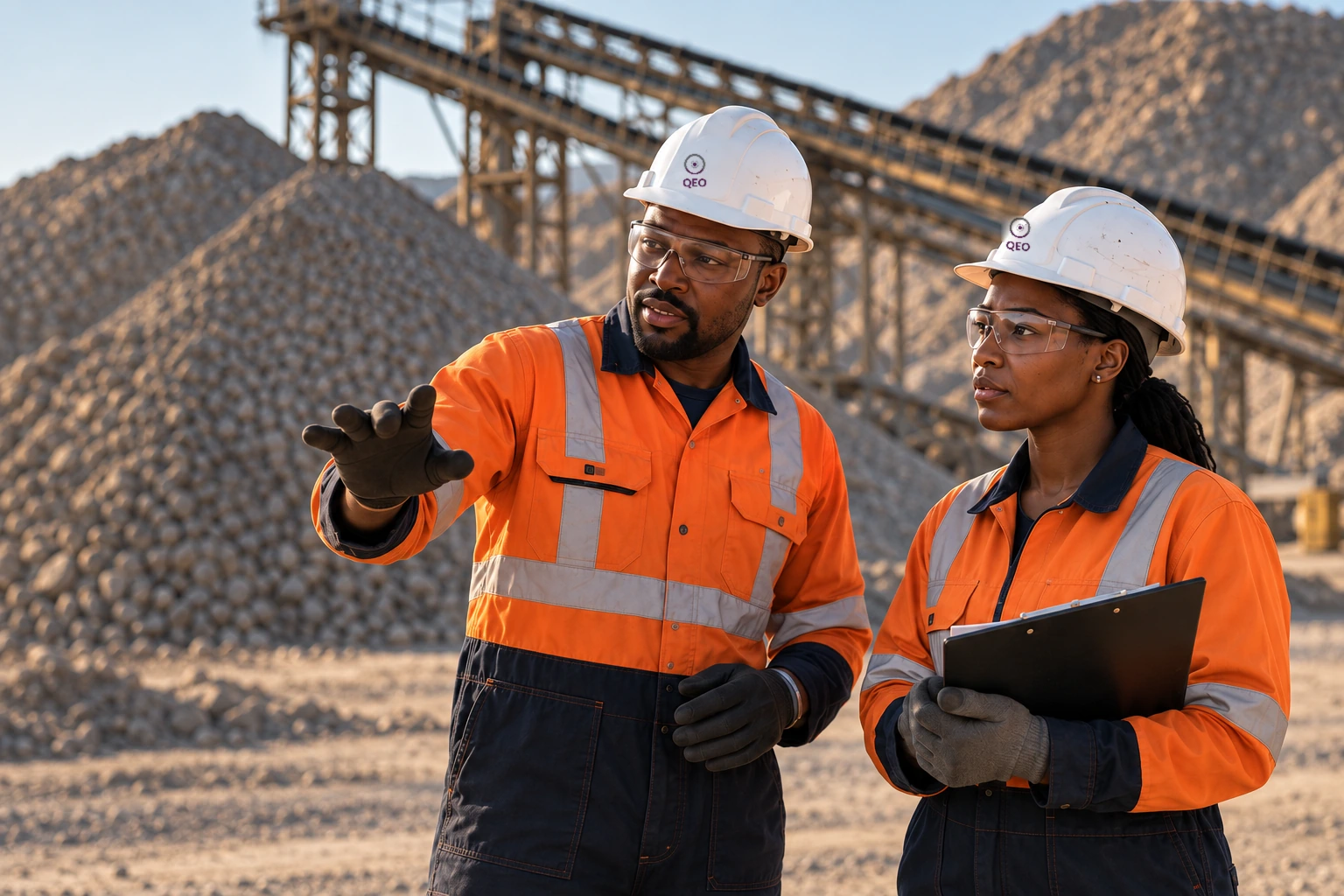 Deux professionnels en tenue orange préparent une intervention sur un site industriel.