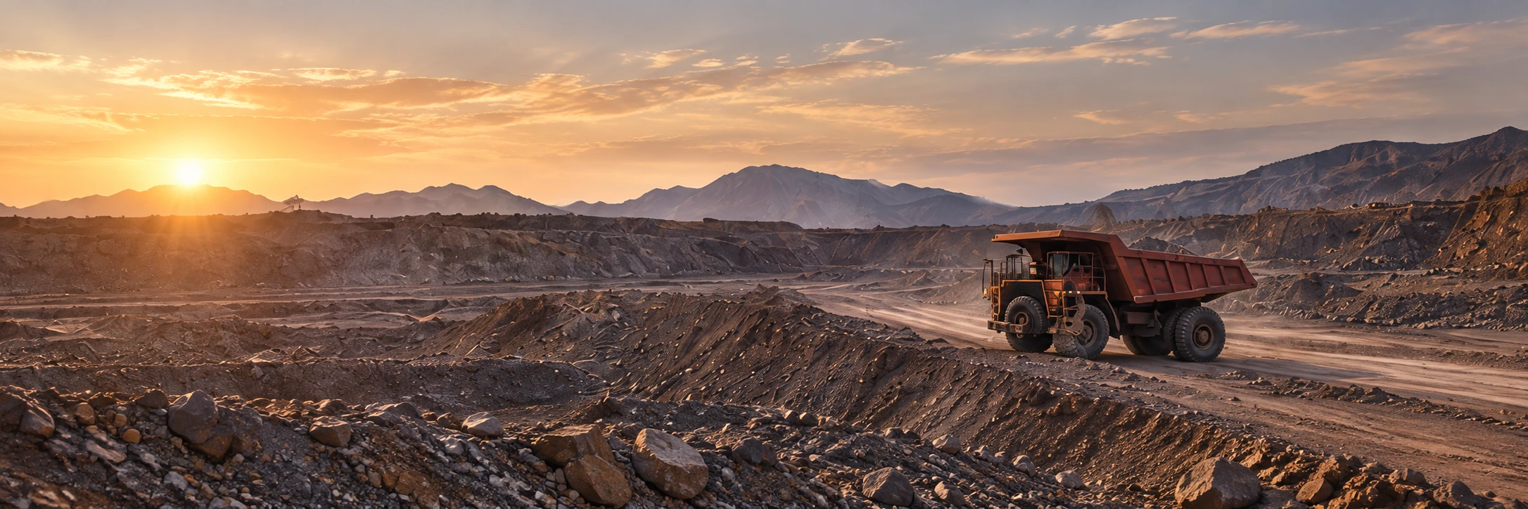 Un engin de chantier dans une carrière au coucher du soleil.