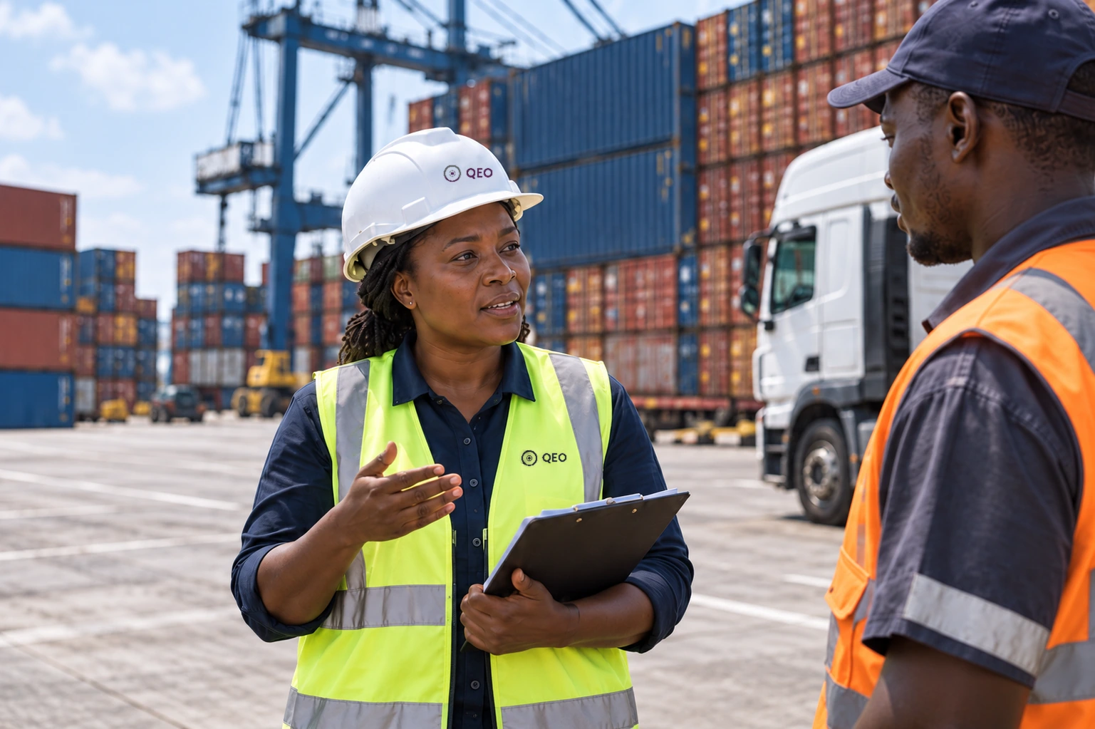 Une responsable logistique échange avec un chauffeur dans un terminal à conteneurs.