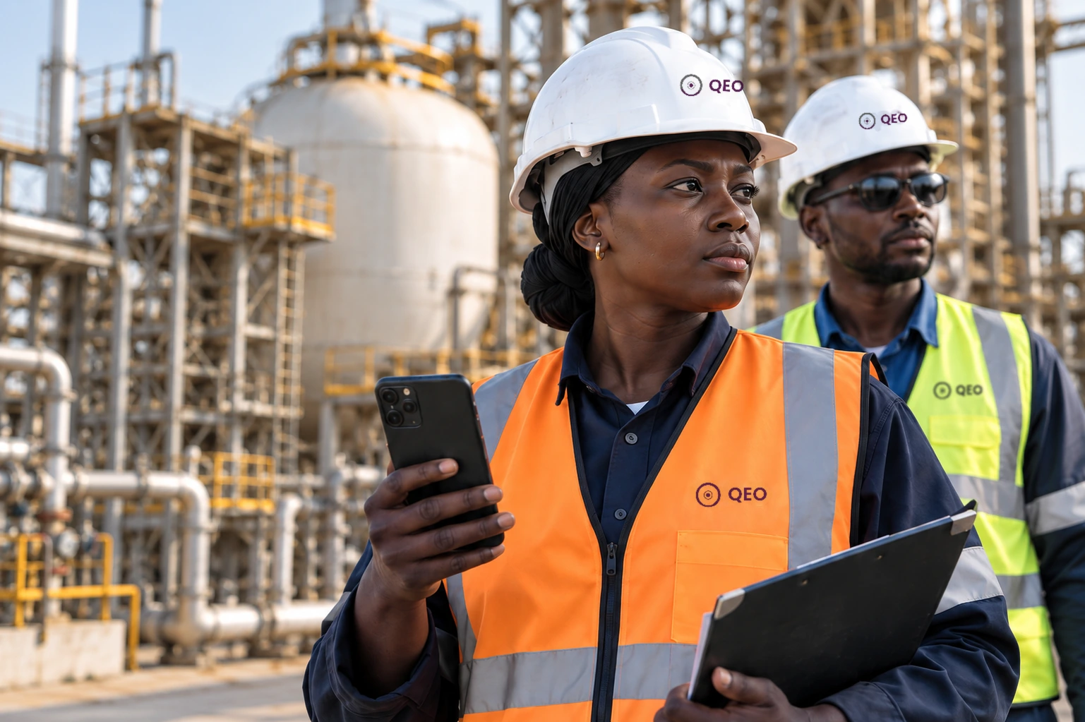 Une professionnelle sur le terrain tient un téléphone, écran tourné vers elle.
