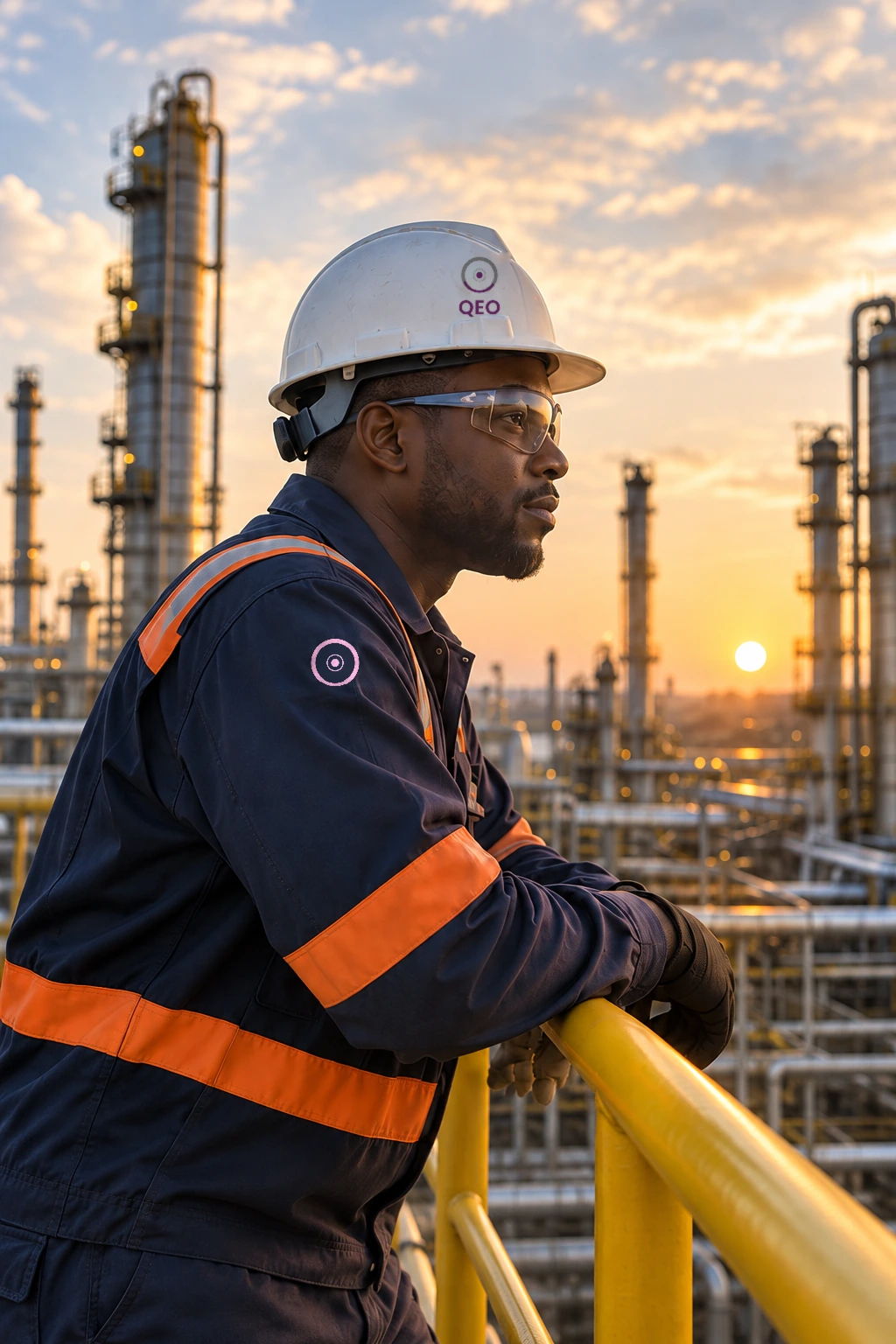 Un ingénieur veille sur une installation pétrolière, en tenue de protection.