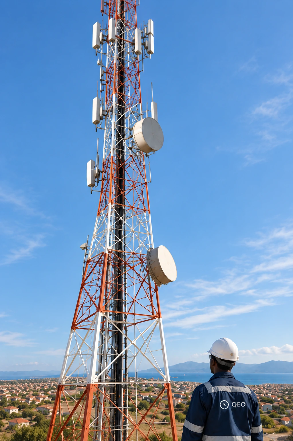 Un technicien au sol observe les équipements d’un pylône télécom.